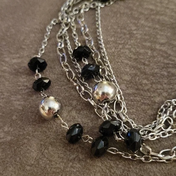 3/$30 Y2k Long Silvertone Black Beaded Chain Layered Sweater Station Necklace - Picture 3 of 6